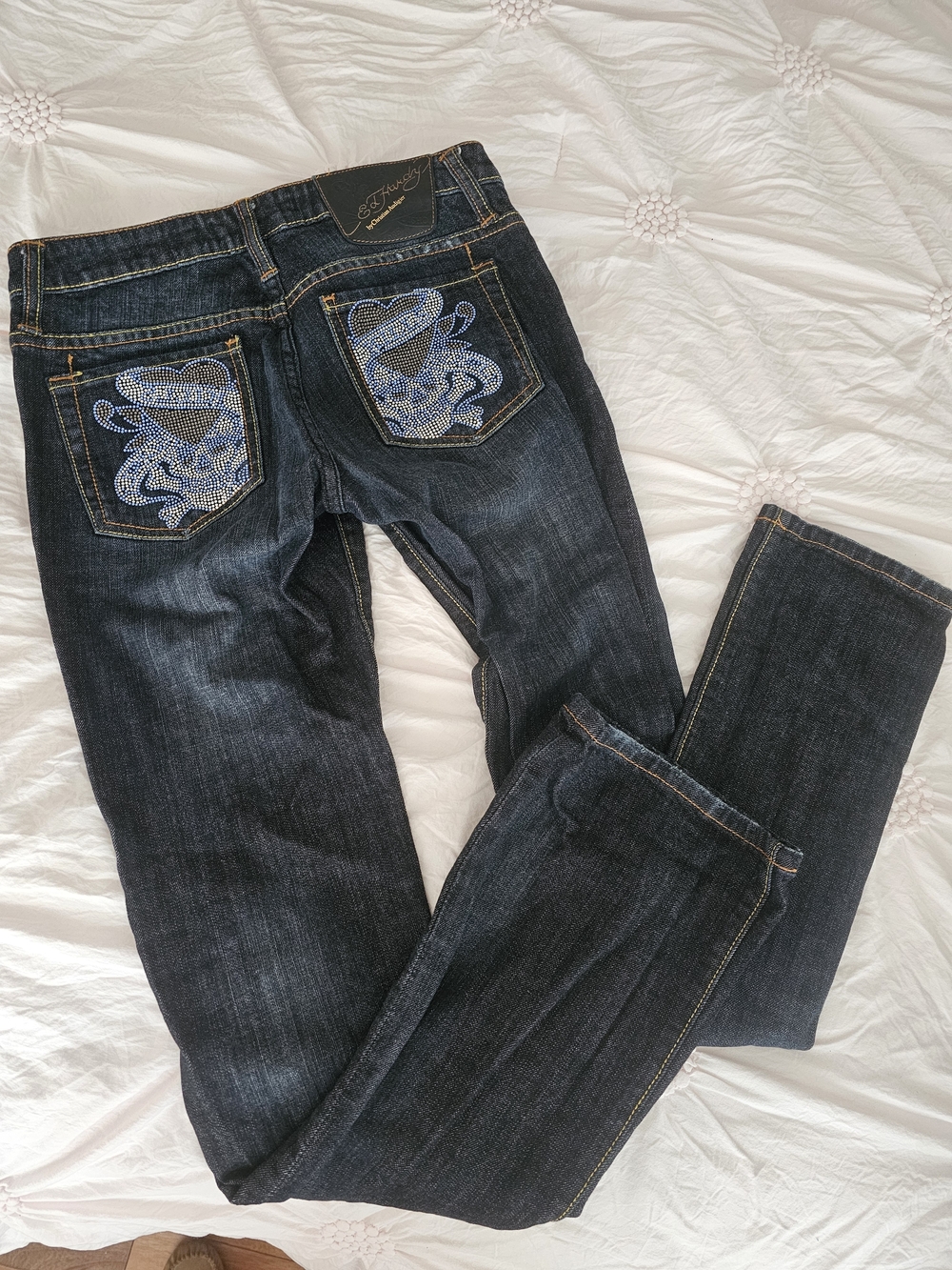 Ed Hardy Dark Denim Bootcut Jeans with Rhinestone Back Pockets Size 27